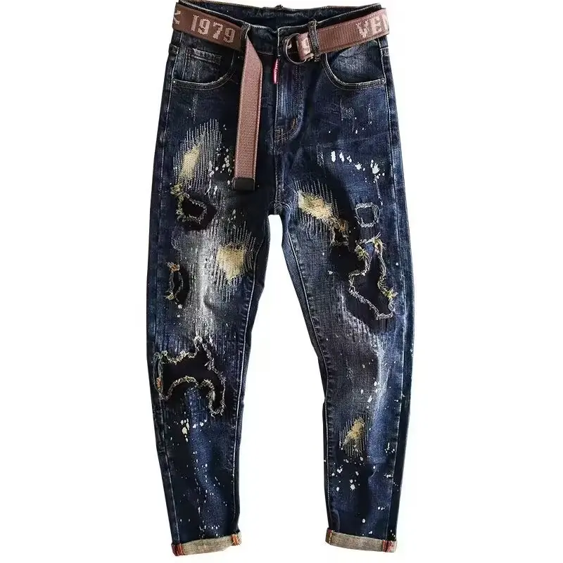 

Рваные джинсы высокого качества, мужские эластичные узкие синие джинсовые брюки в стиле хип-хоп, уличная одежда, повседневные облегающие мужские брюки в стиле пэчворк