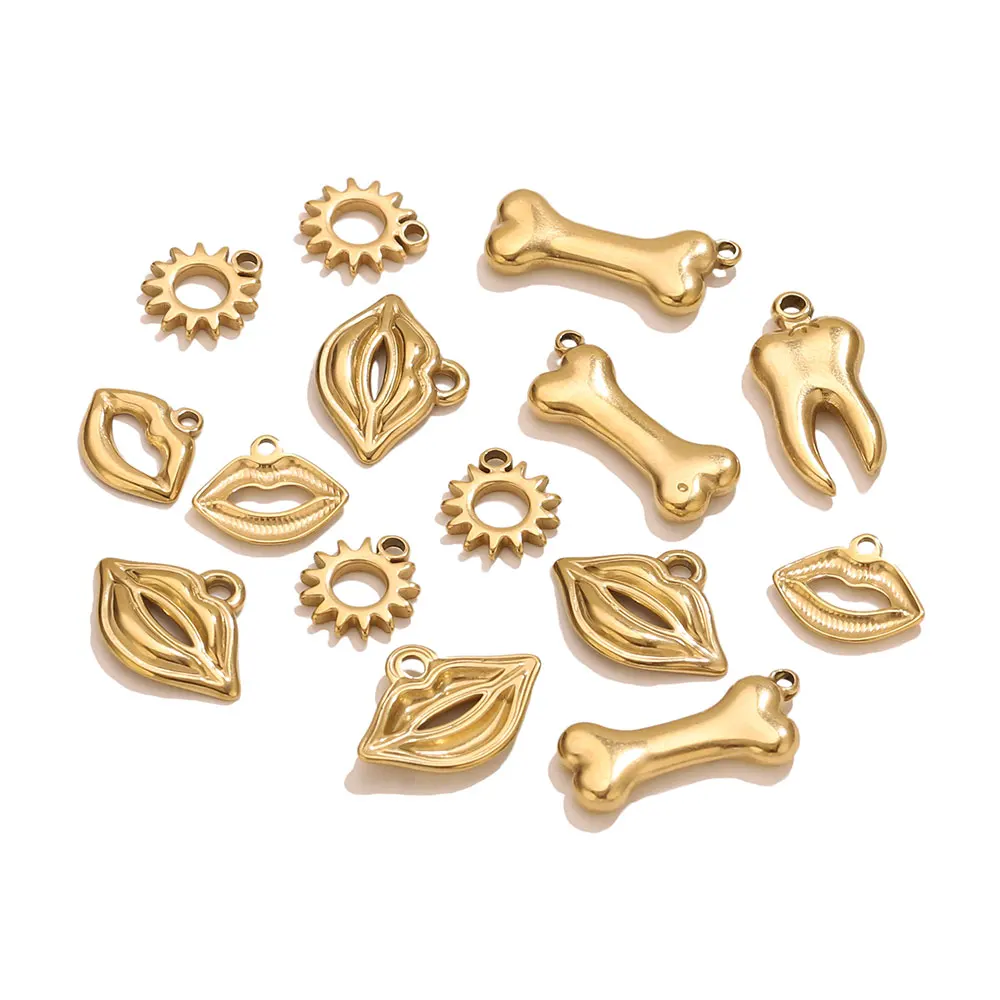 10pcs Stainless Steel Gold Mixed Charms Teeth Lips Bone Sun Pendants Vintage Metal Tiny Charms DIY Necklace Jewelry Making Gift