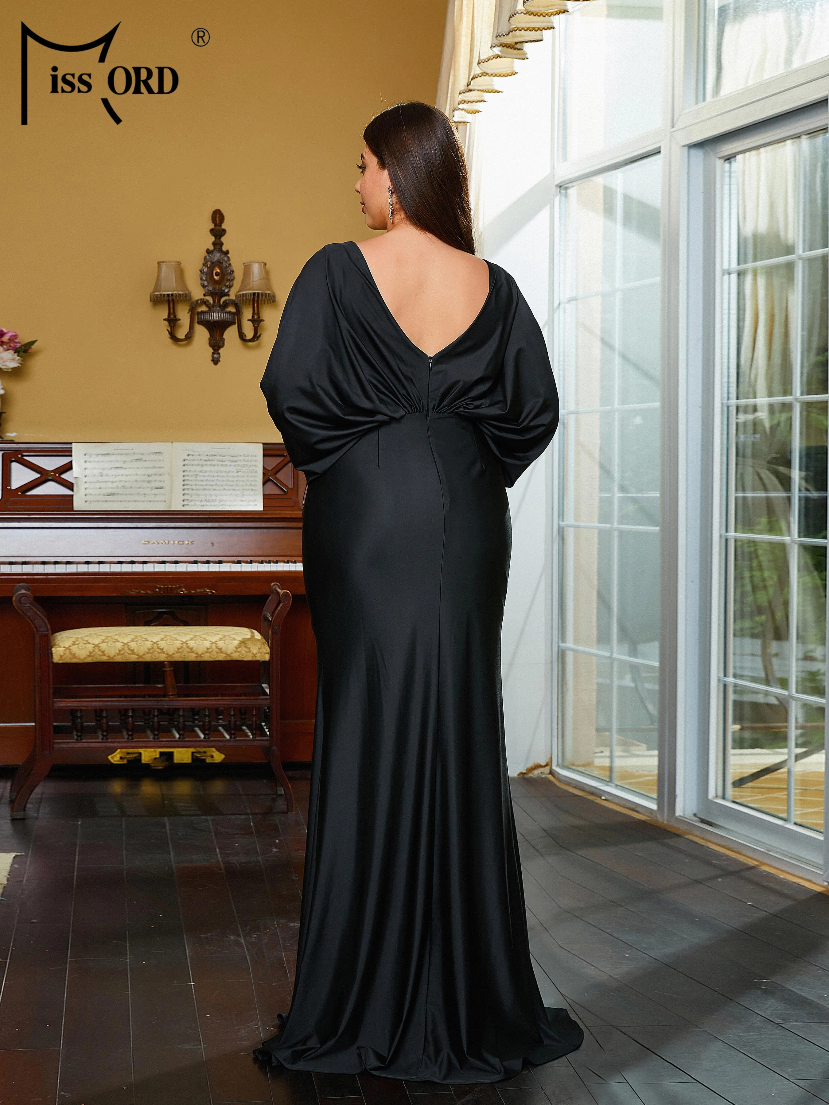 Missord New Plus Size Chic Elegant Ruched Black Floor Length Prom Formal Occasion Dresses