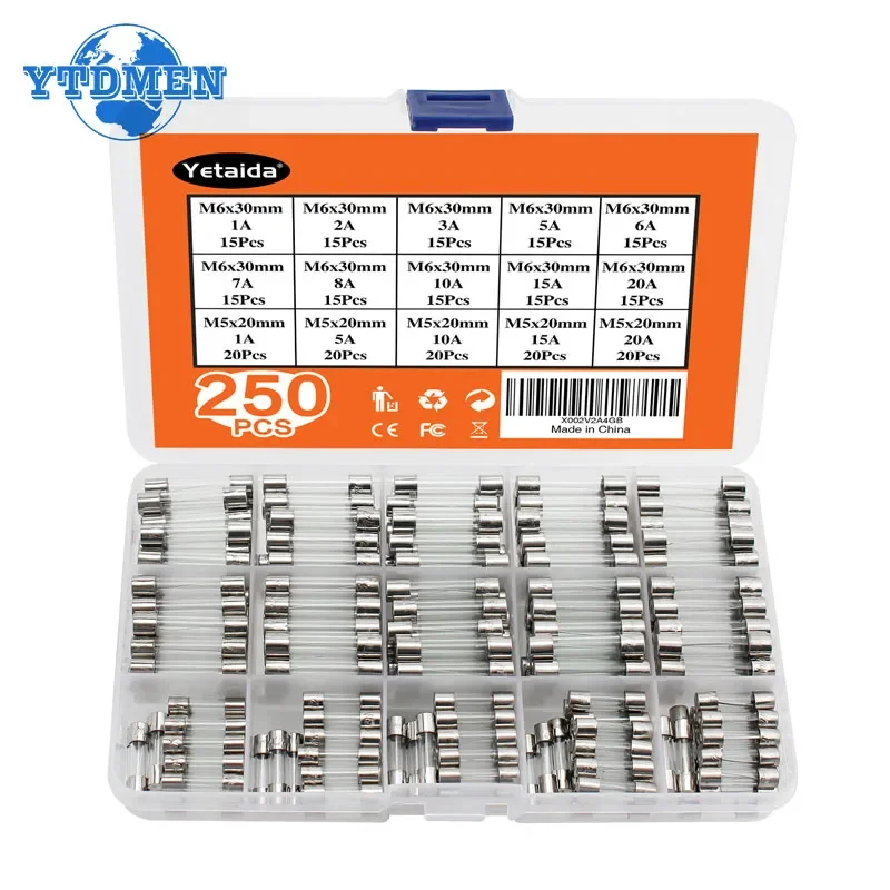 250PCS 5x20 6x30mm Fast-Blow Glass Fuses Kit Car Glass Tube Fuses 250V 1A 2A 3A 5A 6A 7A 8A 10A 15A 20A for Household Fuses