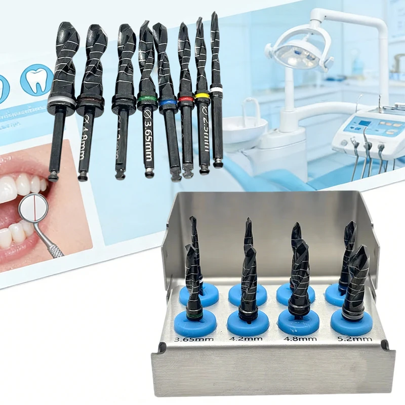 8Pcs Dental Implant Drill Kit Titanium Coated Surgical Tools for Oral Surgery Implant Placement Kit Black