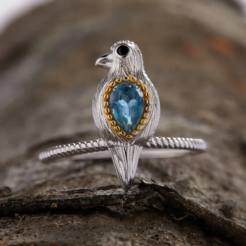 Texture three-dimensional bird design S925 sterling silver inlaid with natural colored treasure topaz ring women's fashion
