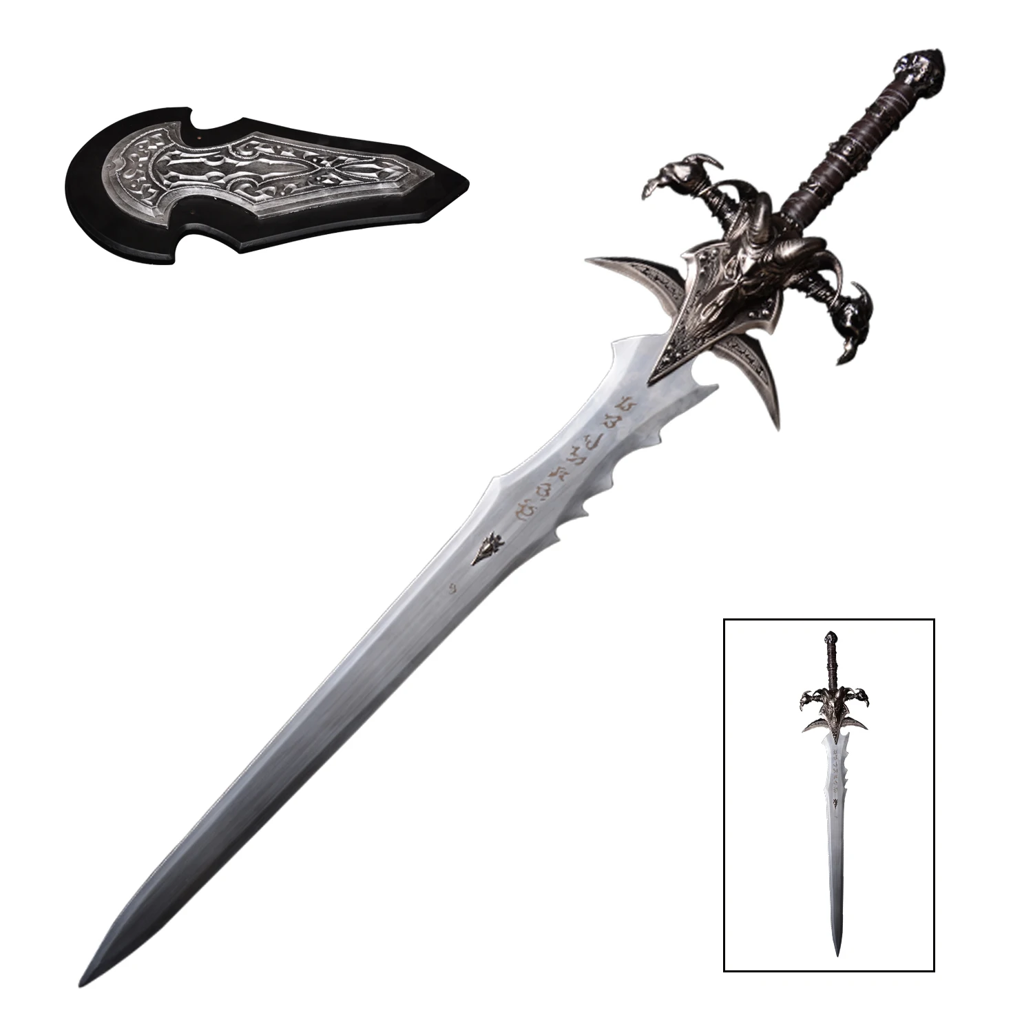 Kolekcjonerski miecz w stylu dark fantasy, z rzeźbionymi runami na ostrzu, ozdobiony motywem smoka, do ekspozycji na ścianie, średniowieczny, dekoracyjny, rekwizyt do cosplayu, element dekoracyjny do
