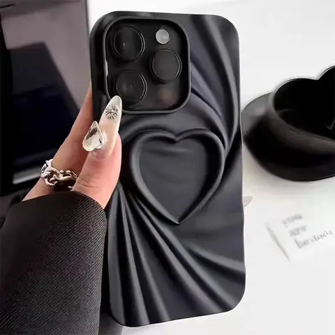 Funda de teléfono con forma de corazón de amor 3D arrugada plegable a la moda para IPhone 13, 14, 15 Pro Max, 16 Plus, 11, 12, ProMax, funda completa de silicona mate suave