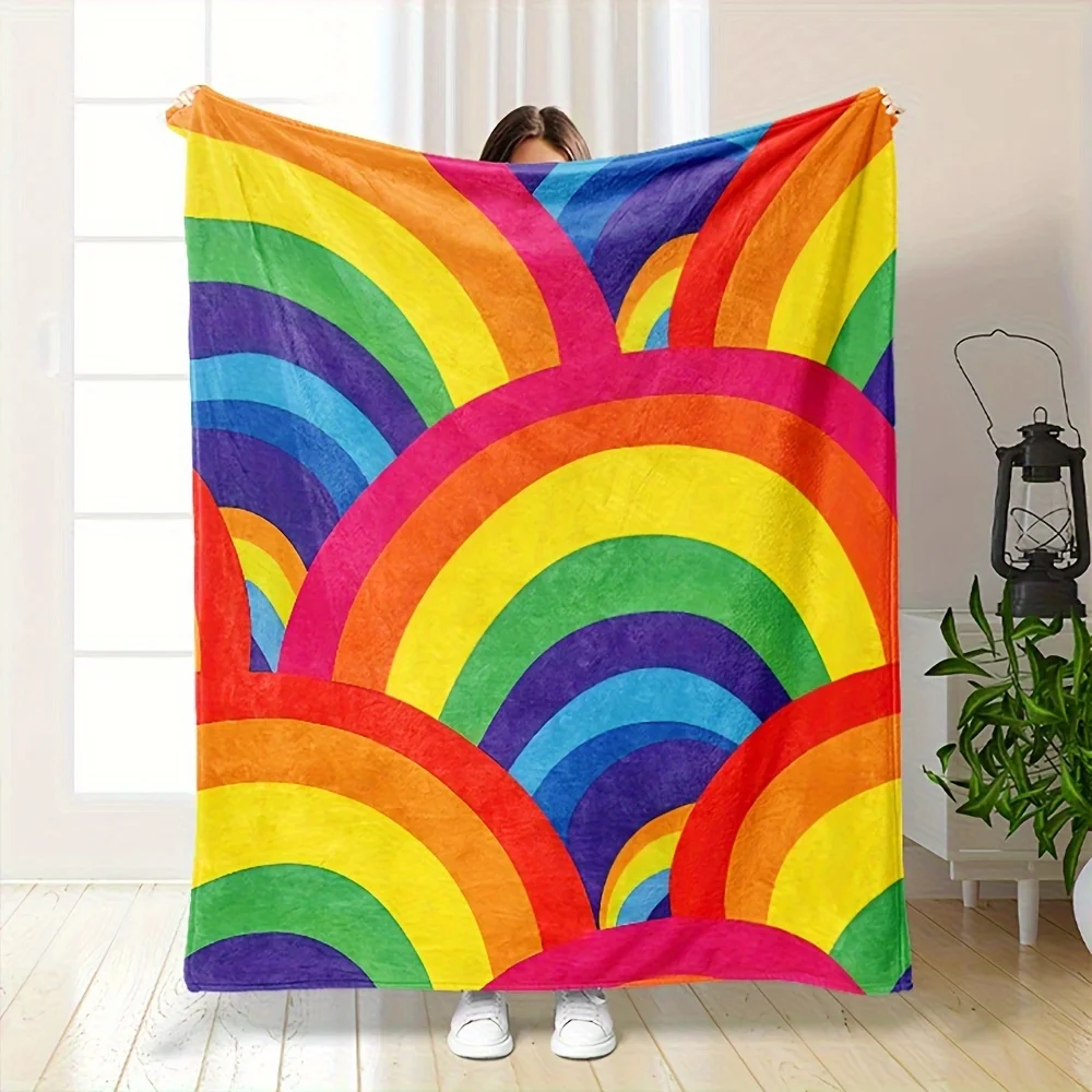 Vibrant Retro Rainbow Striped Flannel Blanket - 1pc, Soft Machine-Washable for Bed, Couch, Home Decor - Plush Texture, Gift Idea