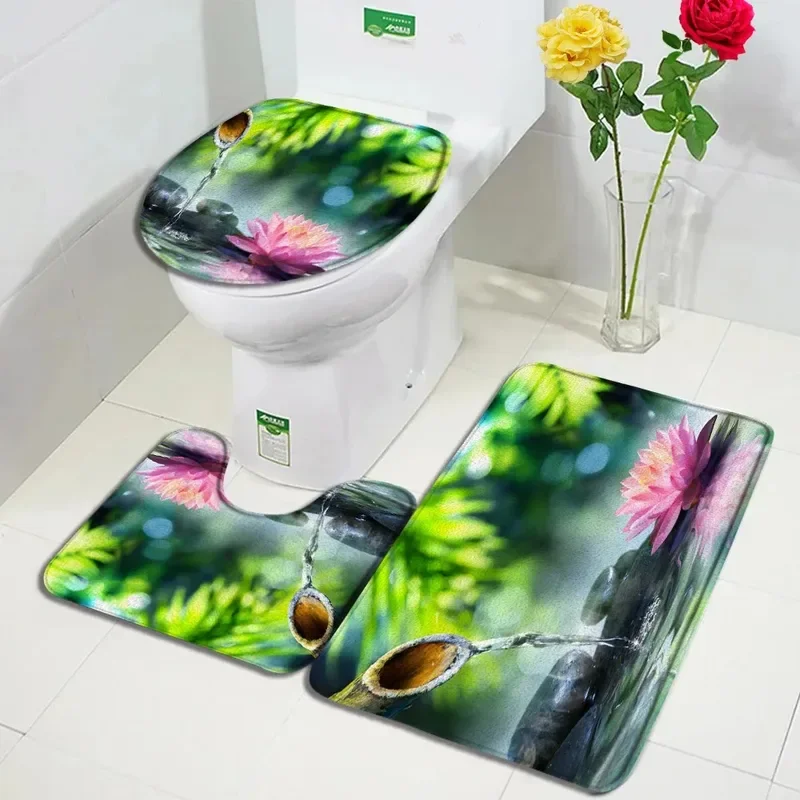 Green Bamboo Zen Bath Mats Set Orchid Lotus Massage Stone Asian Spa By Pad Modern Bathroom Decor Non-slip Rug Toilet Cover Mat