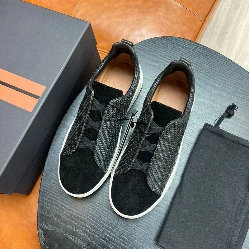 

2025 Mens Luxury Knitted Leather Loafers, Casual Sneakers Driving Shoes, Lightweight Breathable Low Profile Daily Footwear