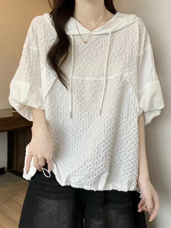 Women's Bubble Sleeve Short Sleeve Hoodie T-Shirt Summer Loose Drawstring Belly Covering Base Shirt Korean Style Casual Wear