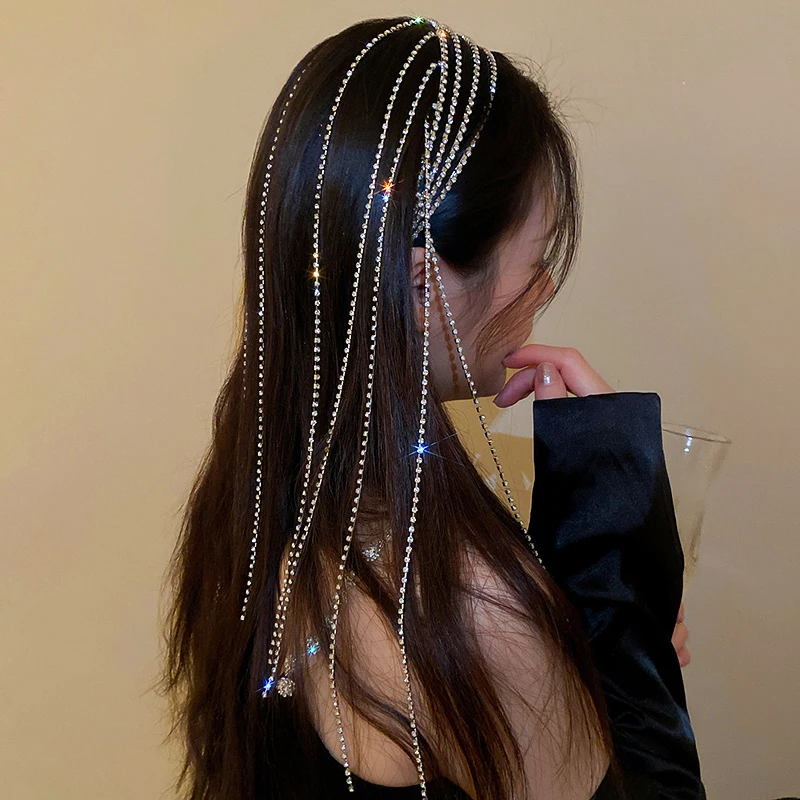 Nieuwe Full Rhinestone Hoofdband Voor Haar Vrouwen Lange Tassel Crystal Hoofdband Haar Accessoires Bruiloft Accessoires Haar Sieraden