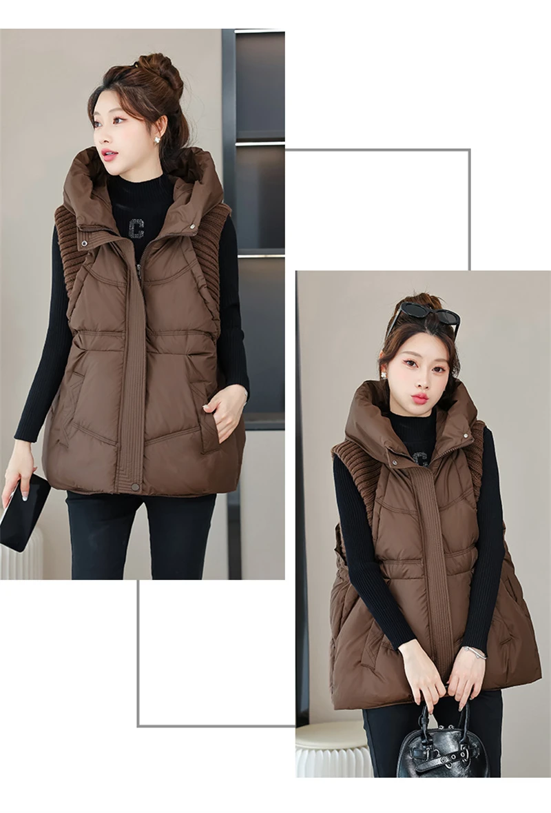 A-word Vest Down Cotton Padded Jackets Short Waistcoat Mid-Length Slim Hooded Autumn Winter Jackets Solid Women's Coats Trend