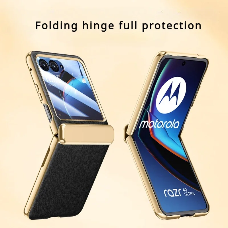 Luxury Plating Leather Phone Case For Motorola MOTO Razr 70 Plus 60 50 40 Ultra Pro 2026 Tempered Film Hinge Shockproof Cover