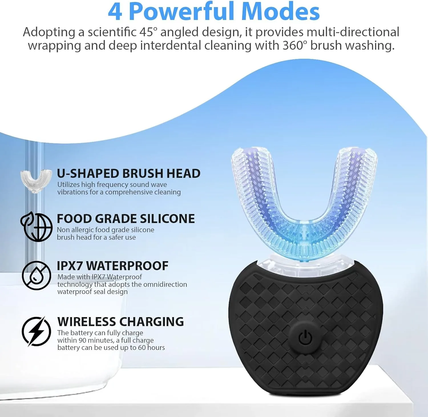 2025U-shaped wireless charging adult automatic USB charging electric toothbrush, 360-degree cleaning silicone waterproof vibrati