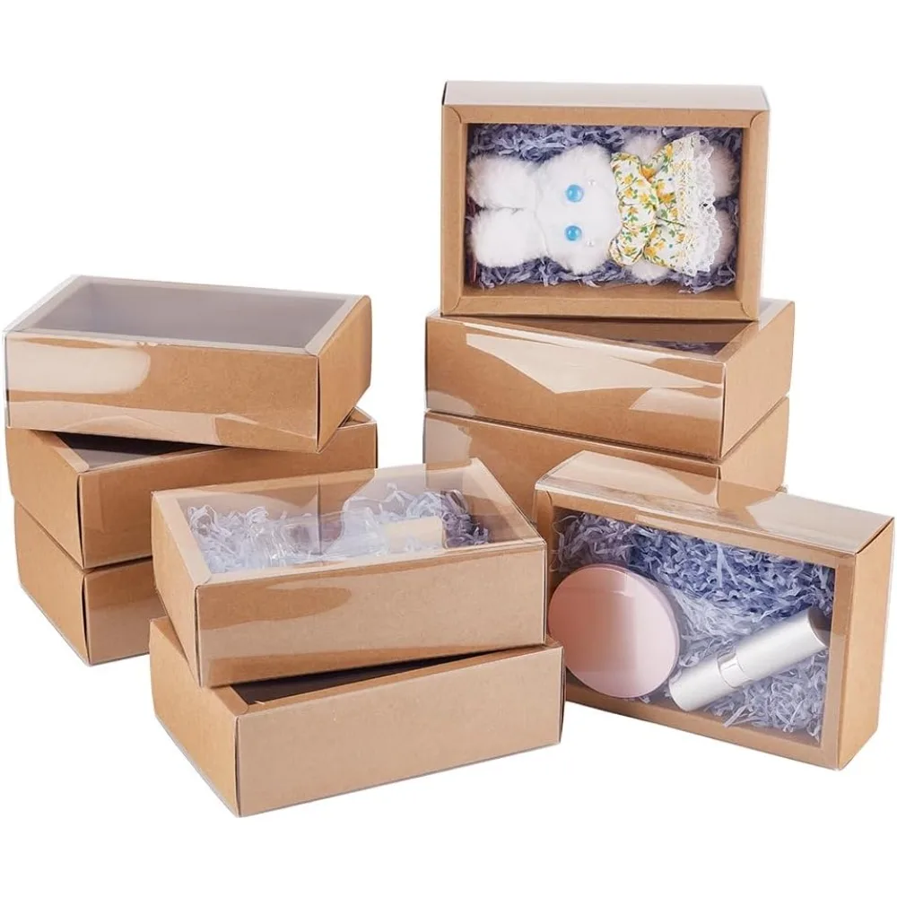 

10 шт. коричневый крафт-подарочный ящик, полупрозрачный пластиковый ящик с крышкой, подарочный ящик с матовым окном из ПВХ для ювелирных изделий и подарков