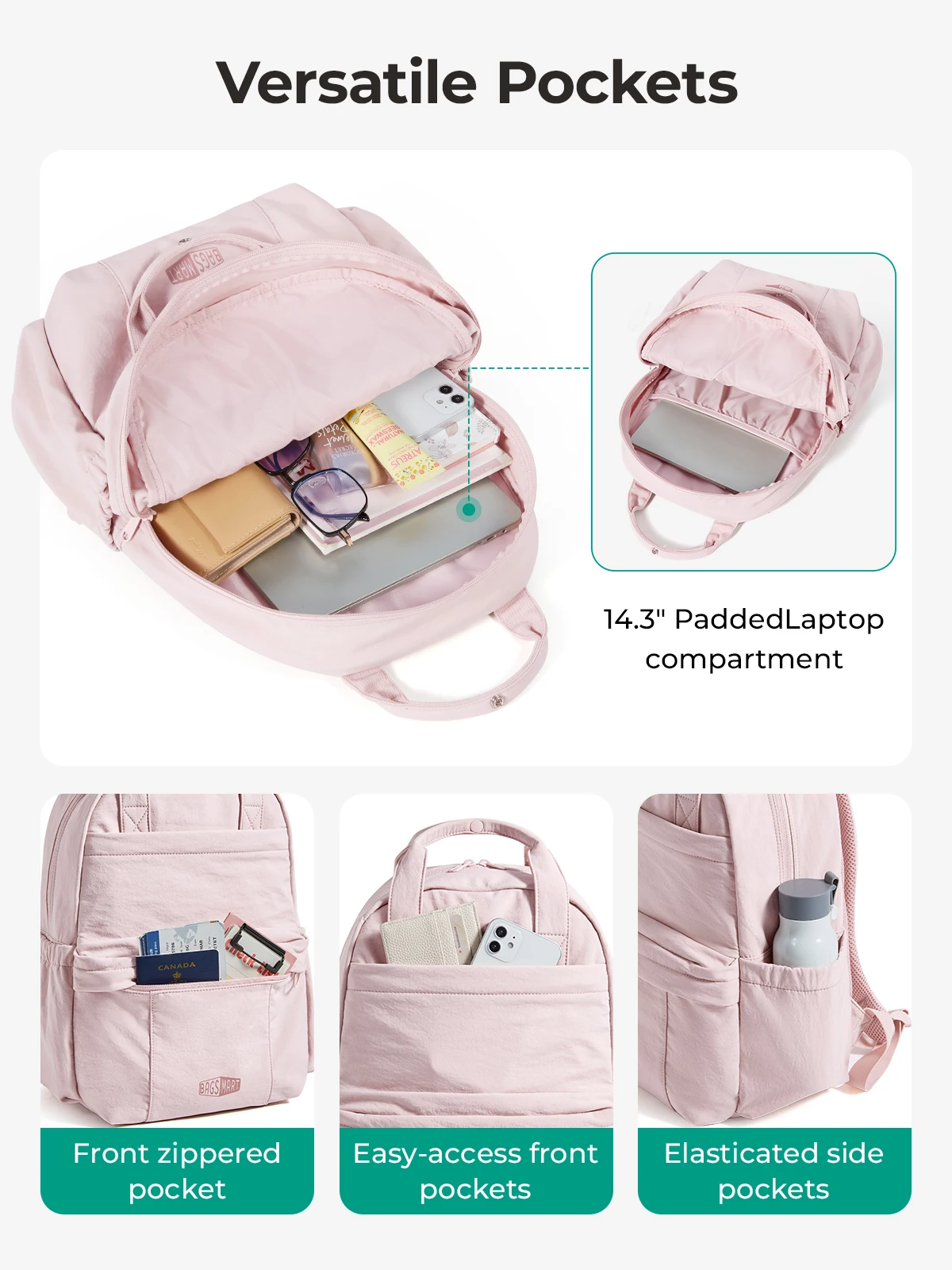 BAGSMART Girls School Backpack Multi-Function Leisure Travel Hand Luggage Backpack Large Capacity Business 14.3 in Laptop Bag