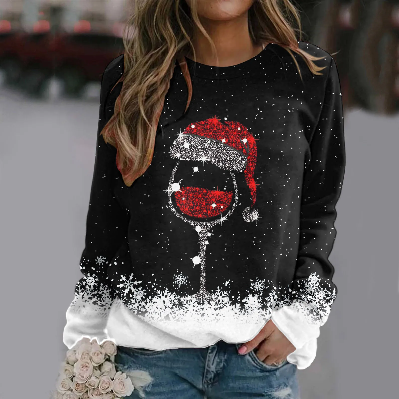 Women Hoodie Tops Christmas Long Sleeve O-Neck Pullovers Sweater Autumn Long Sleeve O-Neck Red Hat Wine Glass Print Sweatshirts