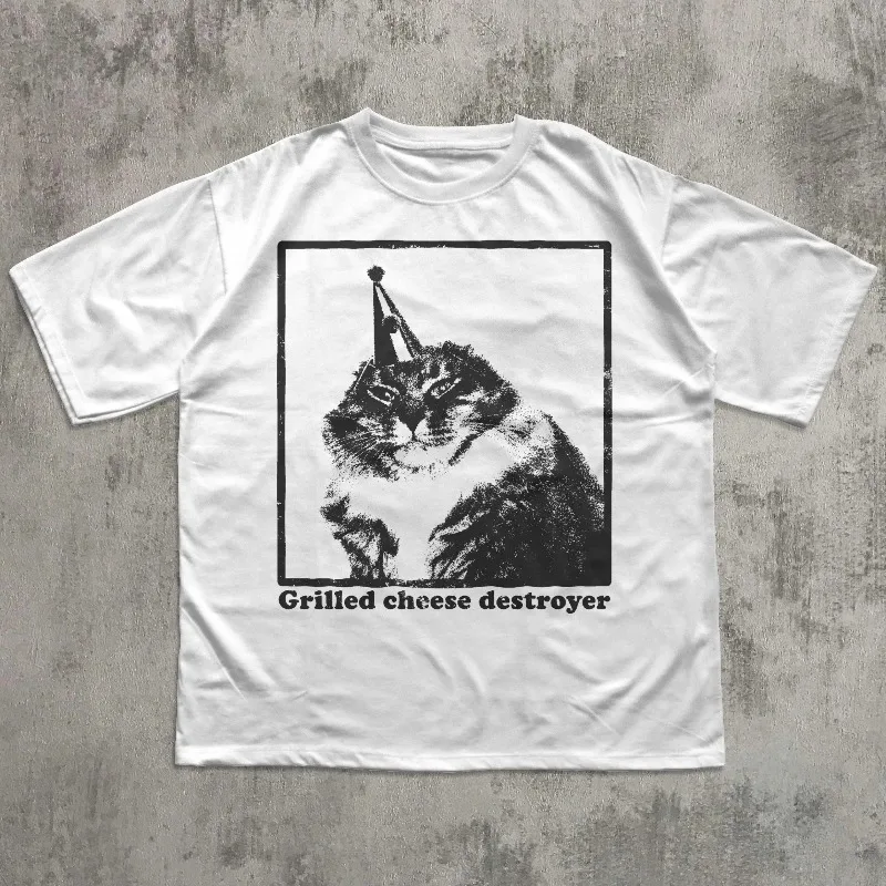 Vintage Kitten Shirt, Funny Grilled Cheese Destroyer Tee for Men Women, Party Animal T-shirt, Silly Cat Graphic T-shirt