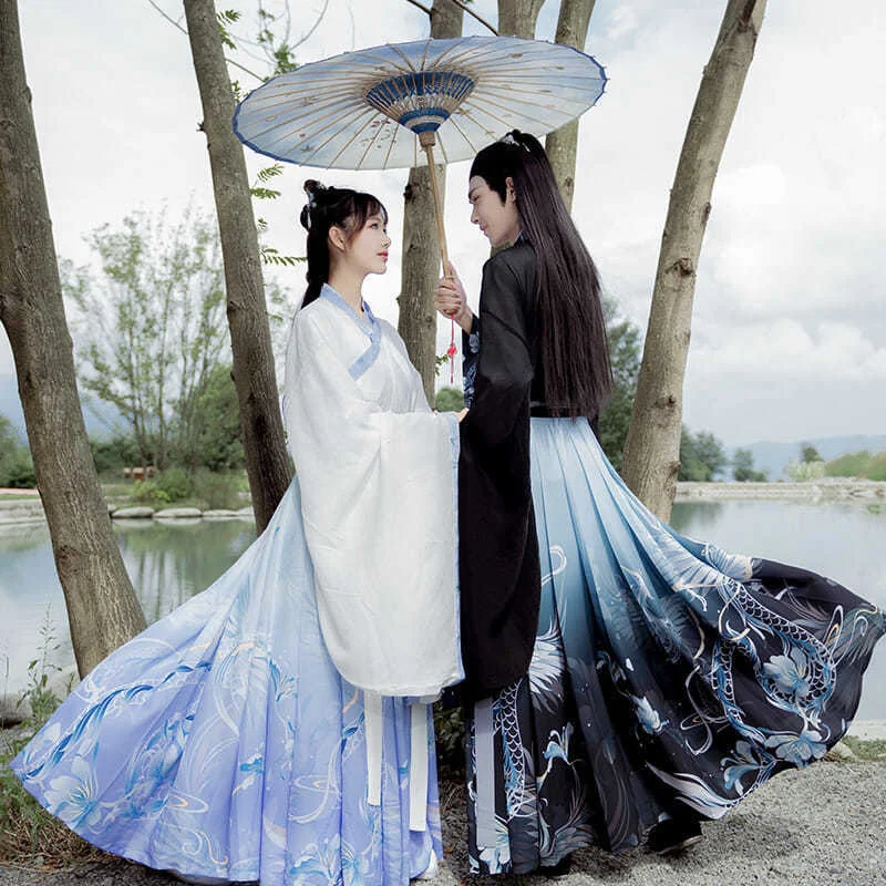 Hanfu Weijin Dynasty Modern Style Big Sleeve  Kimono Cape Skirt Fairy Couple Matching Ancient Costume Flower Embroidery Print