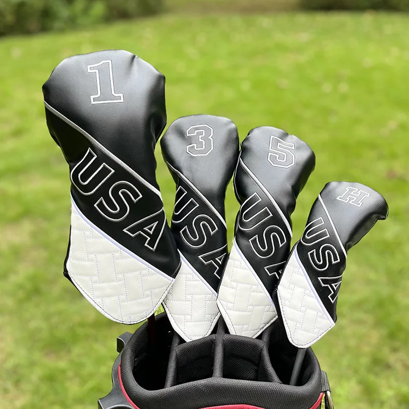 V Design Golf Head Covers Driver Fairway #3#5 Hybrid Black White USA Design - PU Leather for Men Women Golf Club Headgear