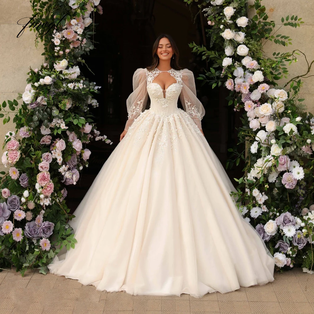 

Fmogl Ball Gown Elegant Wedding Dresses Sweetheart Long Puff Sleeve Vestido De Novia Lace Appliques Flowers Robe De Mariee