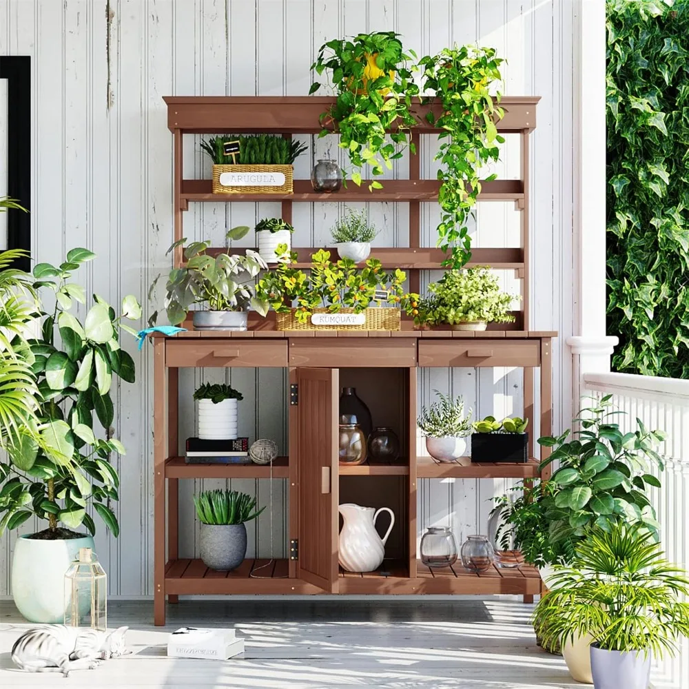 

Potting Bench with Storage Cabinet, Wooden Potting Table with 2 Drawers, 4 Open Shelves and Anti-Falling Device, Garden Table fo