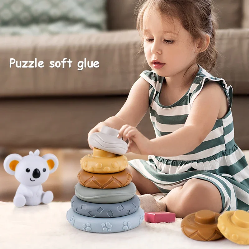 Montessori Educational 3D Block Learning Toys Soft Silicone Cubes Stacking Tower Bath Teether Rattles Children Baby Toy Gifts