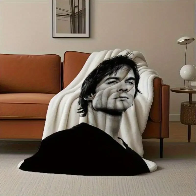 Custom 1pc Ian Somerhalder Portrait Print Flannel Blanket - Black And White Actor Face Photo, Soft All-Season Sofa, Bed, Camping