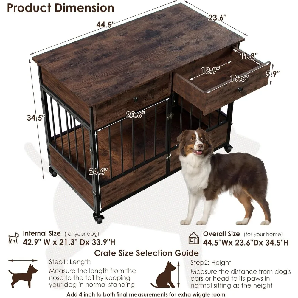 犬用ケージ家具、収納引き出し付き木製犬小屋、車輪付き大型犬用ケージ、頑丈な木製犬用ケージエンドテーブル
