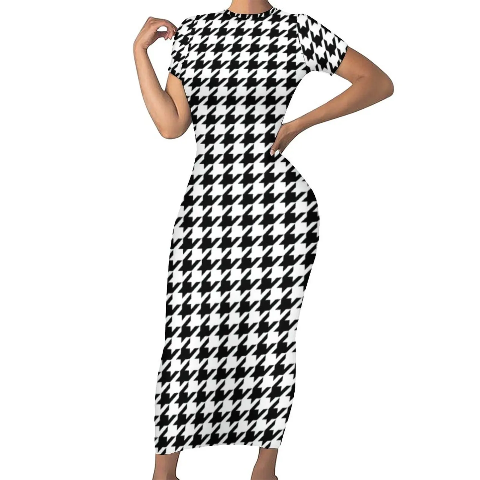 

Retro Houndstooth Bodycon Dress Spring Abstract Checkered Club Maxi Dresses Short Sleeve Design Street Fashion Dress Large Size