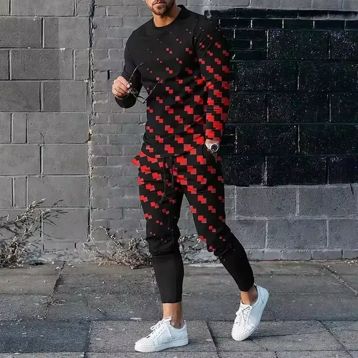 Populer, ropa de verano/otoño para hombre, camiseta de manga larga con estampado 3d + Pantalones, conjunto de dos piezas, camiseta de manga larga para hombre, conjunto de pantalones