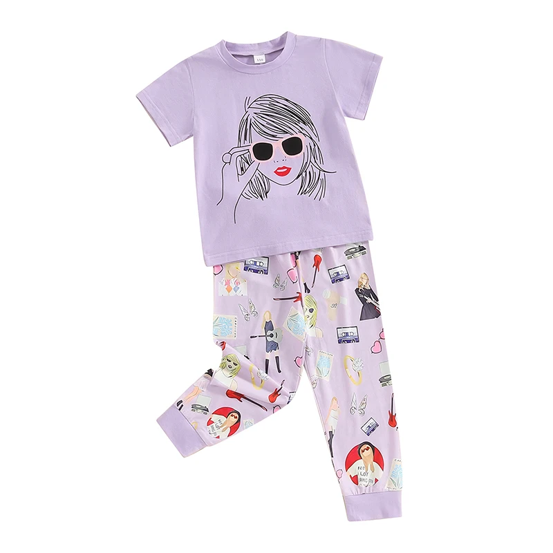 Kids Girls Musical Pajamas Short Sleeve T-Shirt Top Pants Taylor Pjs 2-Piece Summer Concert Outfit Gift Children