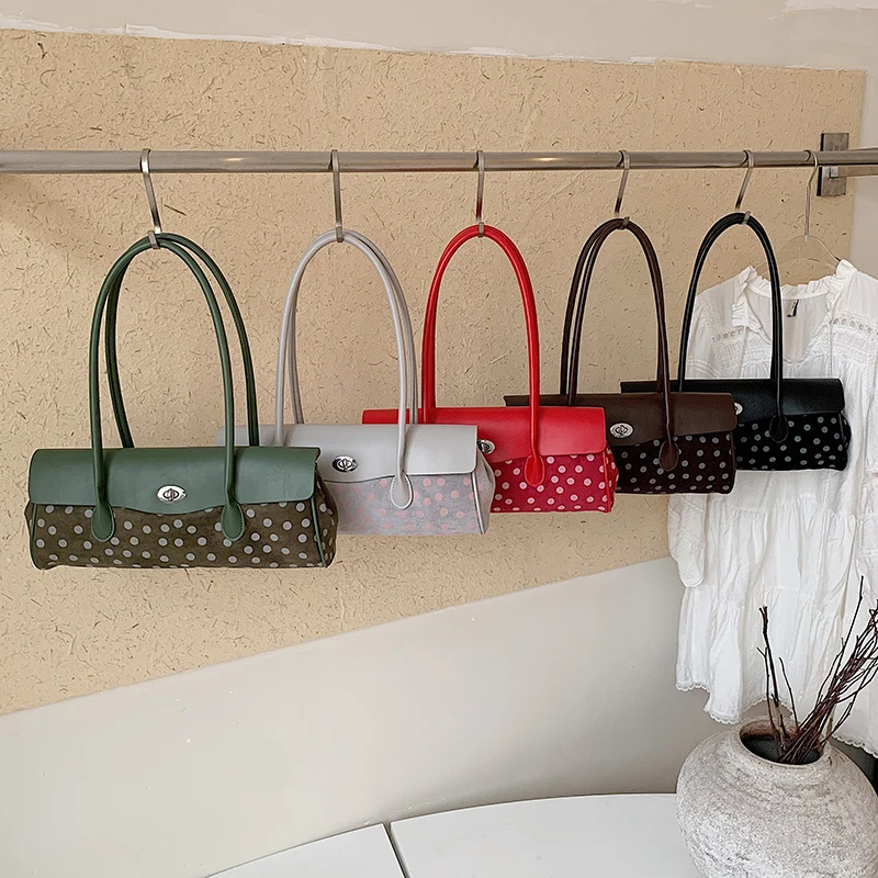 Frosted Suede Polka Dot Underarm Shoulder Bag,Women Fashion Niche Flip Splicing Design Handbag,Vintage Casual Commuter Purse