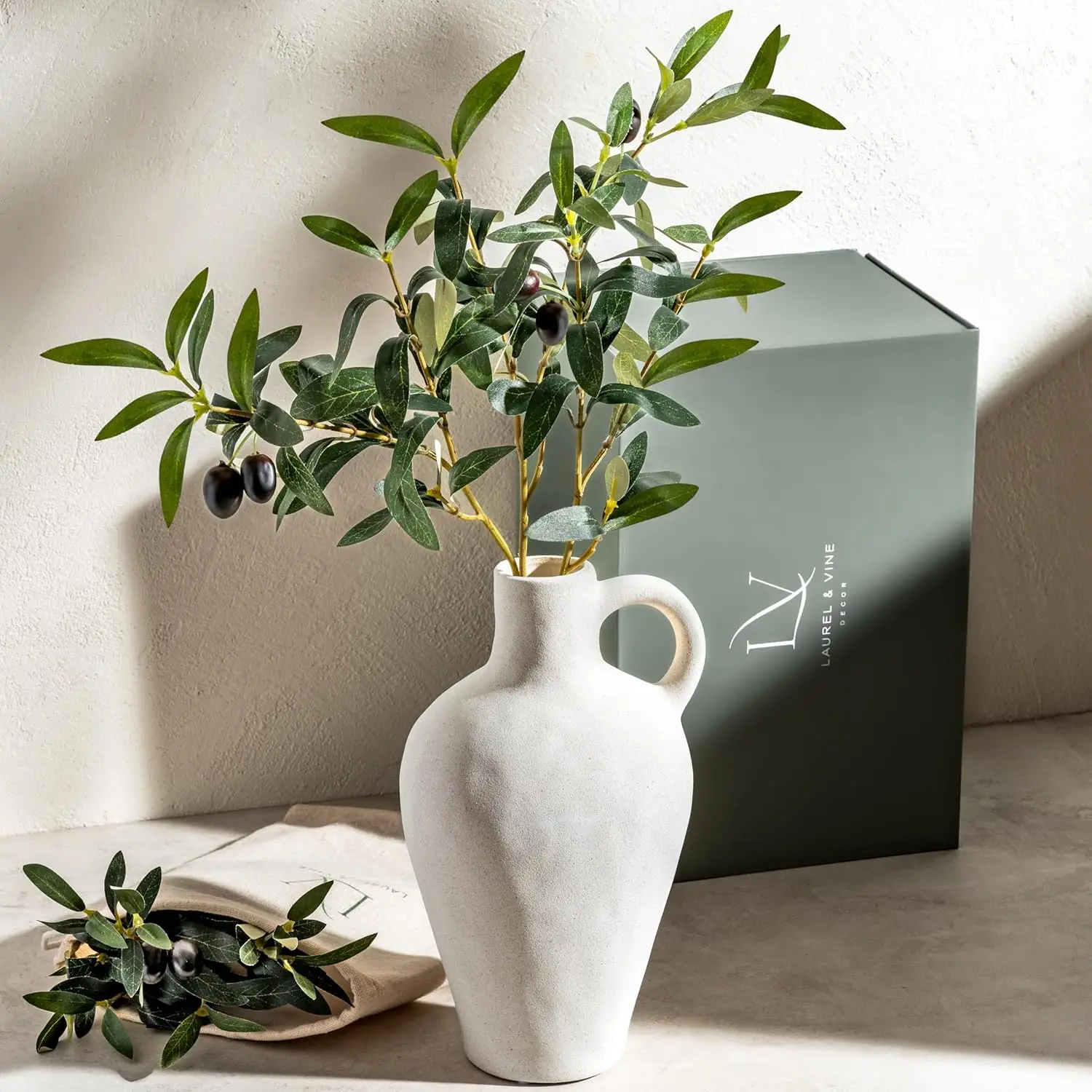 

Textured Ceramic Vase with Olive Branches, 10 Inch White Minimalist Decor for Home Office Gifting