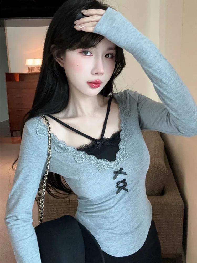

Elegant Lace Splice Knot T-Shirt Women's Initial Autumn Design Color Block Waist Cinching Fake Two-Piece Top Trendy