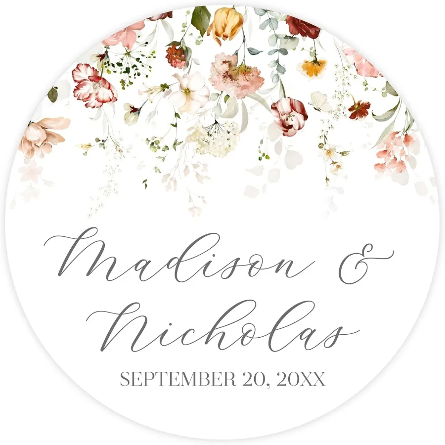 ملصقات زفاف زهرية مخصصة مع اختيارك من 30 أنماط زهرة - قم بتخصيص الخط واختيار واحد من خمسة فرا مسبقة الصنع #2