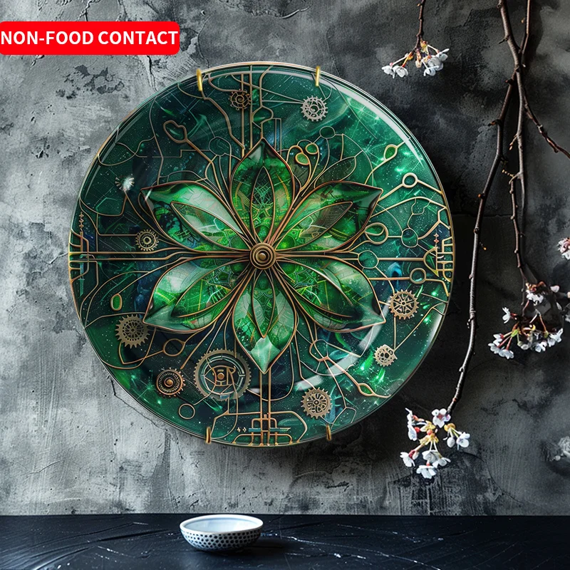 1pcModern Minimalist Green Floral Glass Decorative Plate Round Transparent Home Decor Living Room Tabletop Art Display Non-Food