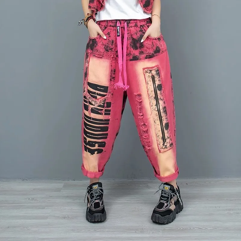 

Age Reducing Contrasting Print Lapel Short Denim Jeans Women 2024 Spring Autumn Fashion Trend Rose Red Pant LX1259