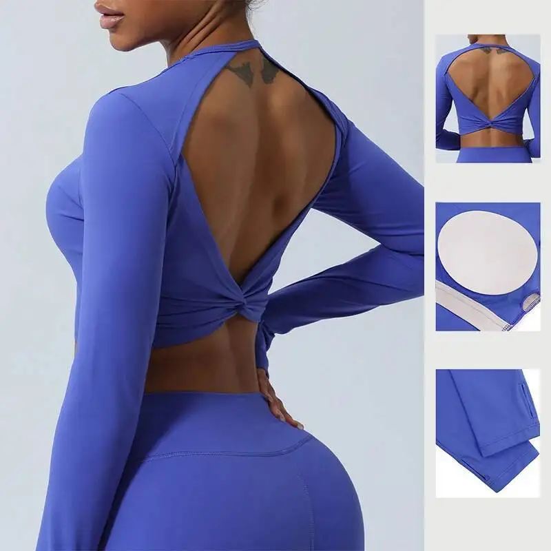 

Sexy Backless Long Sleeve Yoga Clothing Stretch Gym Workout Female Running Quick Dry Sportswear Women Back Cross Sports Top