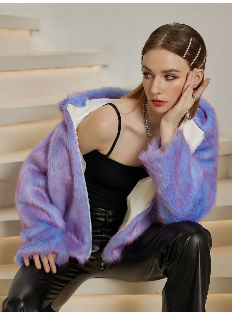 New Faux Fur Coat Short Women\'s Light Purple Color Gradient Autumn Fashion Comfort Windproof Faux Fur Coat