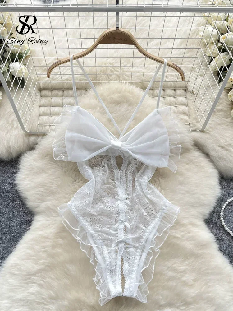 

SINGREINY Underwear Sexy Camis Bodysuits Women Bow Hollow Out Fashion Open crotch Slim Playsuit Summer Singeric Lace Rompers
