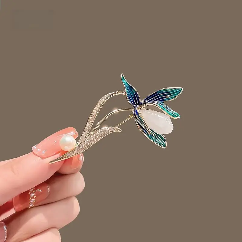 Light luxury white jade orchid brooch women's accessories