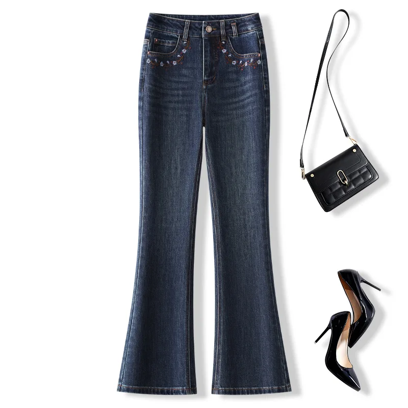 여성용 새 자수 플레어 진, 가을 하이웨이스트 슬리밍 롱 팬츠, 신축성 있는 슬림핏 머메이드 팬츠