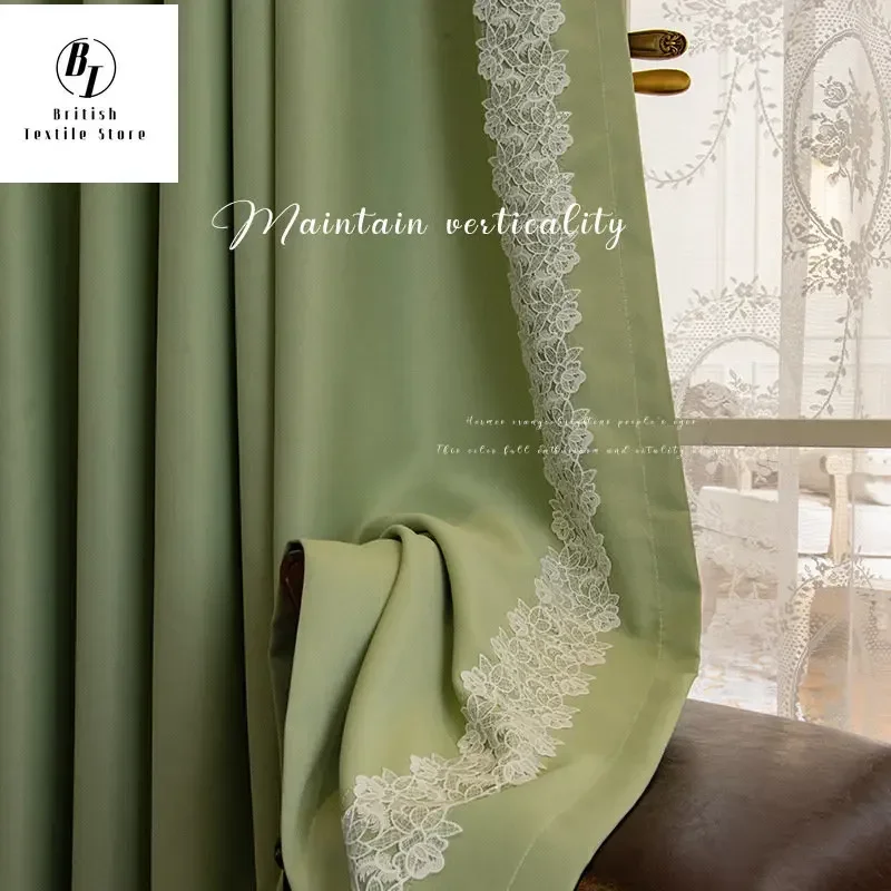 French Curtains for Living Dining Room Bedroom Pastoral Curtains Retro Ins Wind Lace Curtains Green Window Custom