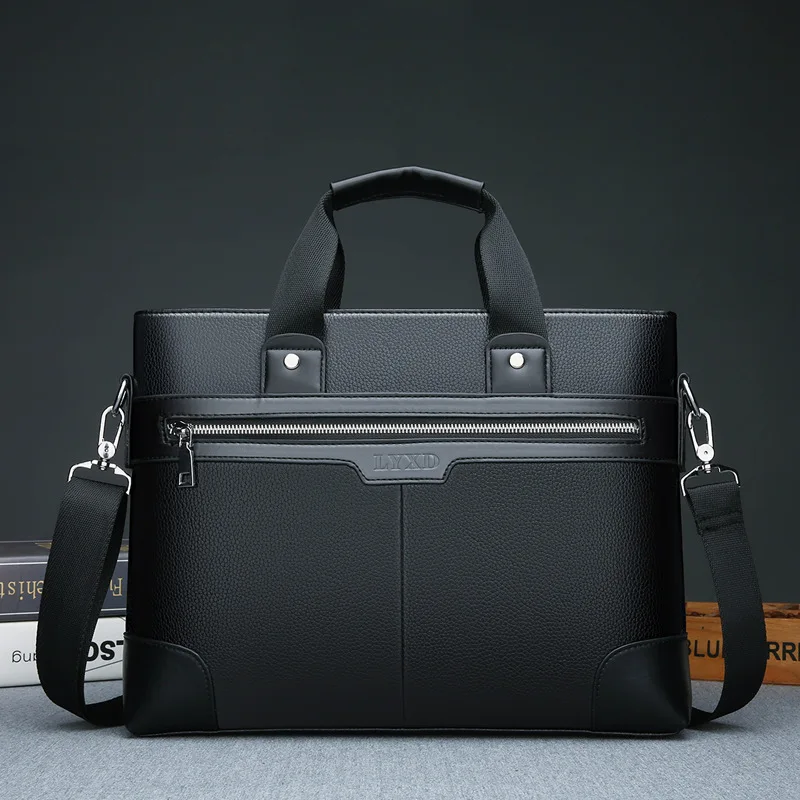 Man's Simple Briefcase Bag A4 Documents PU Leather Handbag Computer Laptop 14 Shoulder Small Business Messenger Tote Bag