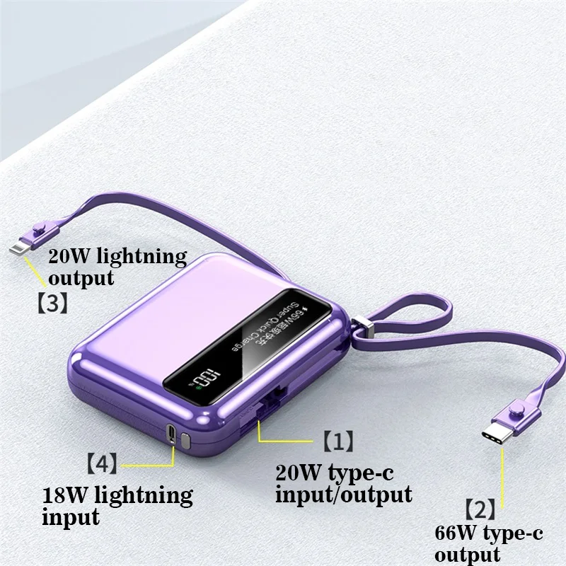 10000mAh Mini Power Bank Portable Fast Charger With Cable TypeC External Spare Battery Small Powerbank For iPhone Xiaomi Samsung