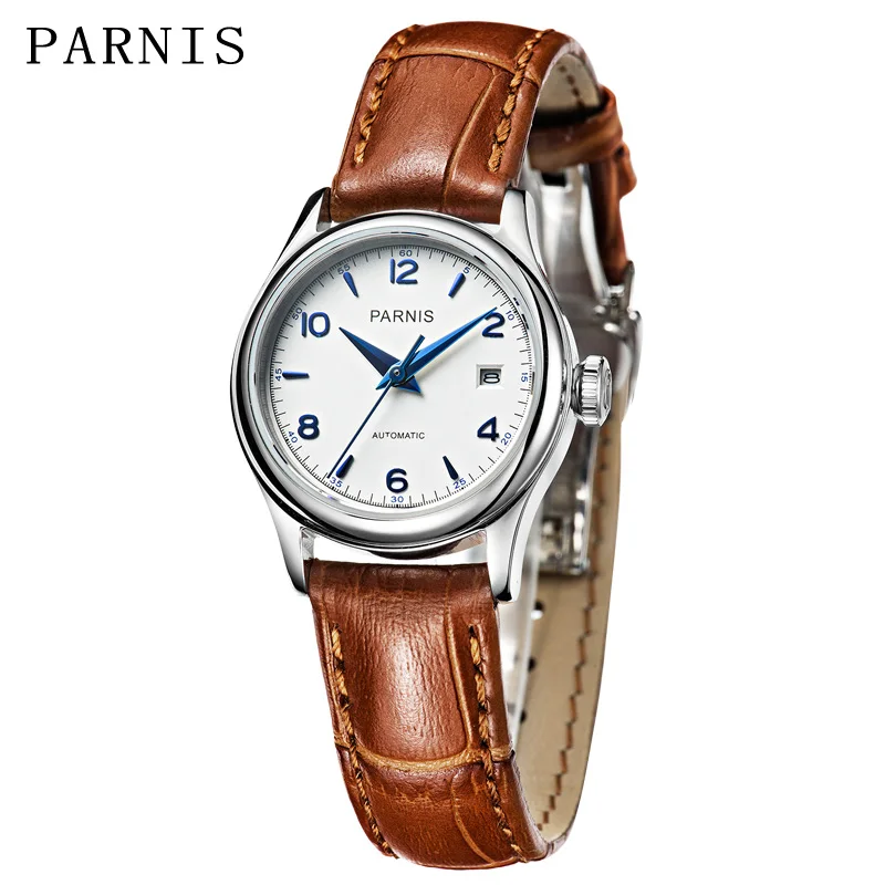 Parnis 26mm White Dial Mechanical Automatic Women Watch Luxury Sapphire Crystal Leather Strap Ladies Watch Women Wristwatches