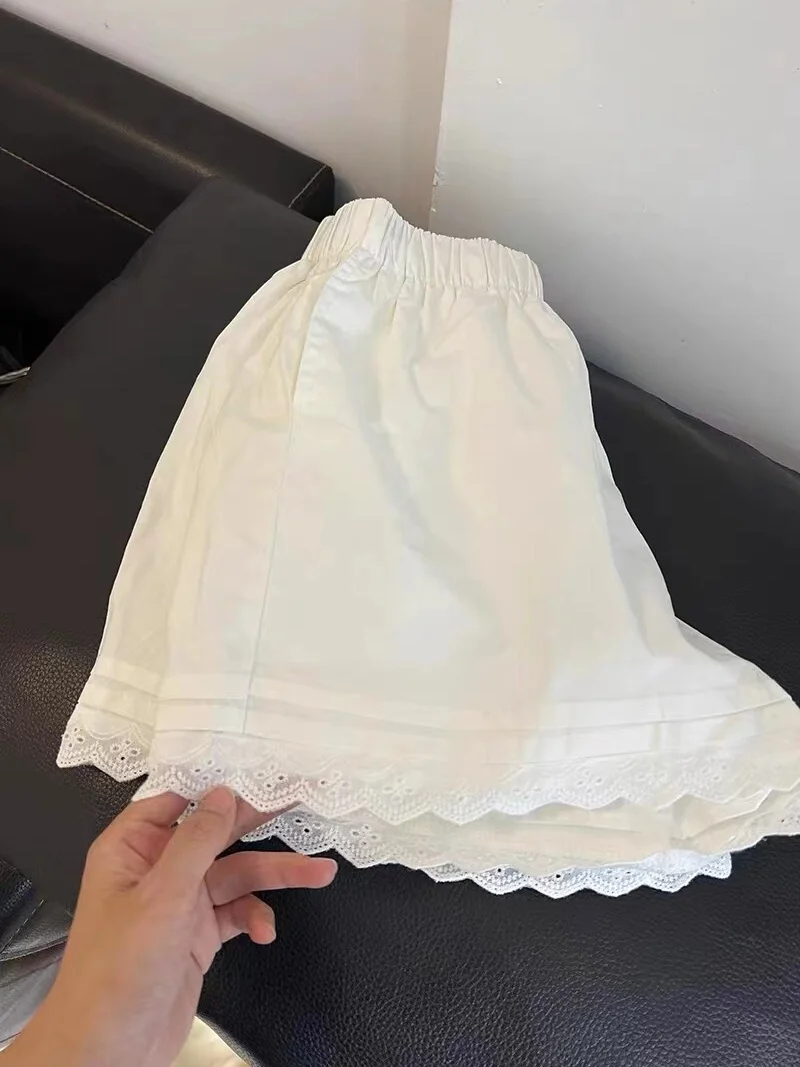 Plones cortos con ribete de encaje blanco para mujer, plones de pierna ancha informs, finos, hoados, de cintura ...