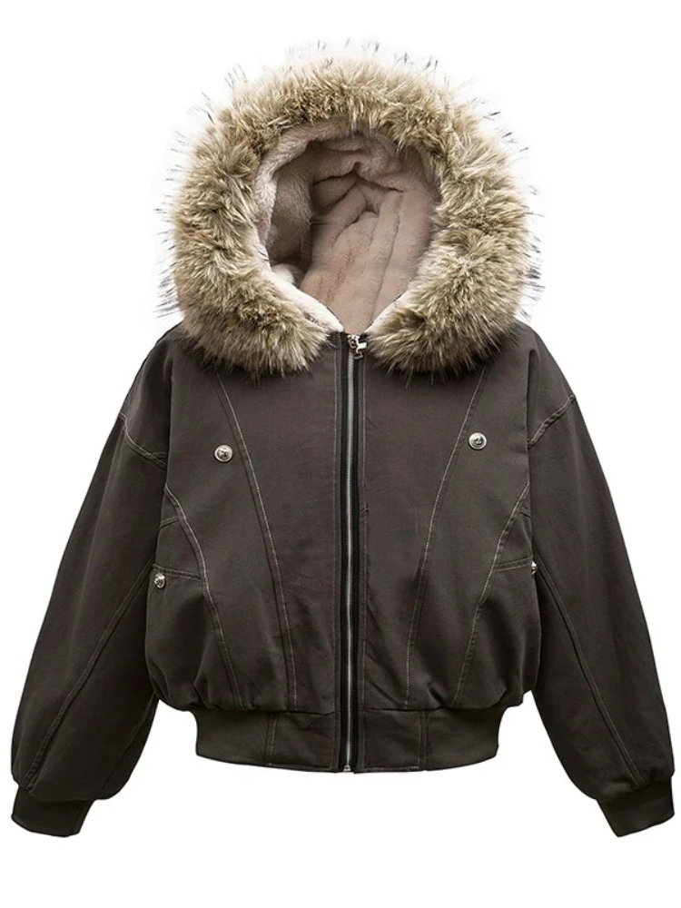 

Американская винтажная короткая куртка с длинным рукавом и капюшоном, женское пальто на пуговицах с воротником из искусственного меха на молнии, однотонное повседневное пальто в стиле ретро, осень 2023 г.