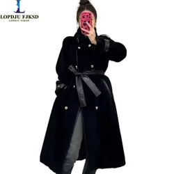 Faux Fox Fur Coat for Women,Adjustable Waist Long Jacket,Double Breasted Clothes,Turn-down Collar, Autumn and Winter,2025