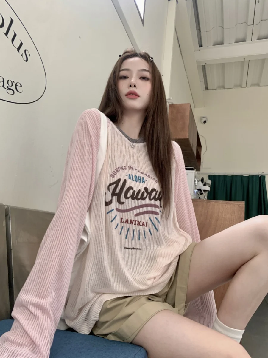 American Letter Print Long Sleeve T-Shirt Women's Summer Thin Loose Shoulder Insert Sleeve Sun Protection Top