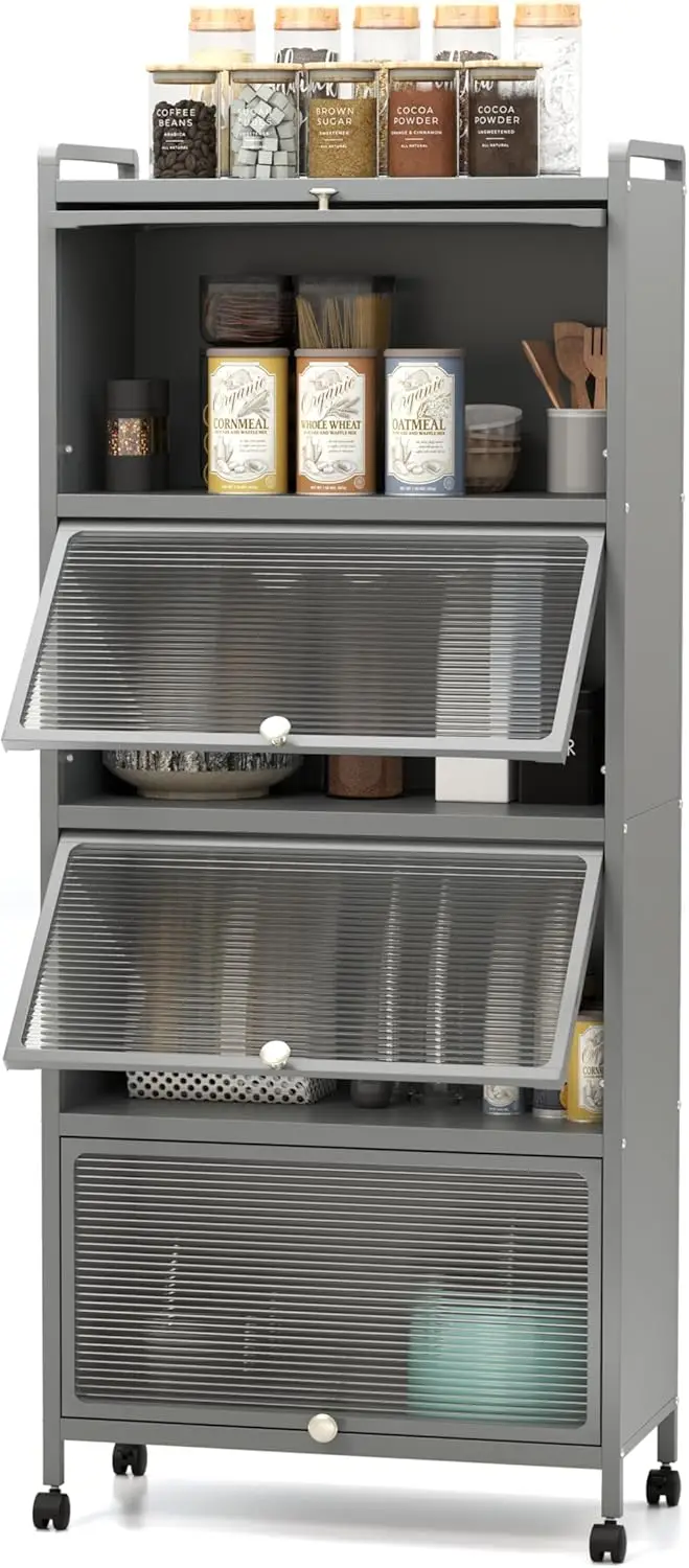 

5-Tier Kitchen Storage Cabinet, Mobile Microwave Stand w/Flip Door Cabinets, Bread Rack, Coffee Stand,